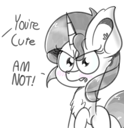 Size: 818x842 | Tagged: safe, artist:pastelhorses, sunset shimmer, pony, unicorn, g4, blatant lies, blushing, chest fluff, cute, dialogue, ear fluff, female, grayscale, i'm not cute, monochrome, offscreen character, partial color, raised hoof, simple background, solo, tsunset shimmer, white background