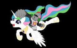 Size: 1280x800 | Tagged: safe, artist:sym-kensaki, princess celestia, alicorn, human, pony, g4, black background, crossover, dark souls, duo, happy, humans riding ponies, jolly cooperation, praise the sun, riding, simple background, solaire of astora