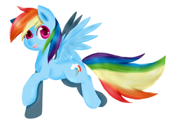 Size: 1263x895 | Tagged: safe, artist:lion90000, rainbow dash, g4, backwards cutie mark, female, open mouth, simple background, smiling, solo, spread wings