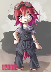Size: 1784x2504 | Tagged: safe, artist:aryanne, oc, oc only, oc:leonie, earth pony, pony, semi-anthro, bipedal, blushing, clothes, concept art, drunk, dungarees, engineer, female, floppy ears, germany, goggles, mechanic, nazipone, oil, panzer, red hair, solo, tank (vehicle), wrench