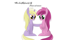 Size: 3840x2160 | Tagged: safe, artist:dinkyuniverse, dinky hooves, ruby pinch, pony, unicorn, g4, best friends, black text, chatting, duo, duo female, female, filly, friends, high res, lesbian, no eyelashes, open mouth, ship:dinkypinch, shipping, simple background, sitting, smiling, talking, text, transparent background