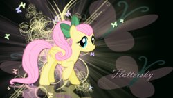 Size: 1920x1080 | Tagged: safe, artist:jennieoo, artist:leonbrony, fluttershy, pegasus, pony, g4, alternate hairstyle, cute, cutie mark, female, hair bow, looking at you, mare, ponytail, reflection, show accurate, shyabetes, solo, vector, wallpaper
