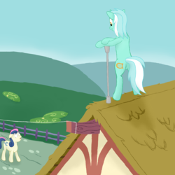 Size: 3500x3500 | Tagged: safe, artist:frostspear, bon bon, lyra heartstrings, sweetie drops, earth pony, pony, g4, bipedal, high res, house, roof, tightrope