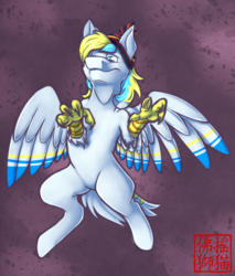 Size: 1704x2000 | Tagged: safe, artist:rattlesire, oc, oc only, oc:cirrus sky, hippogriff, beanie, grin, hat, looking down, smiling, solo, talons