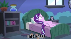 Size: 888x485 | Tagged: safe, edit, edited screencap, screencap, starlight glimmer, every little thing she does, g4, captain obvious, existential crisis, female, image macro, meme, realization, solo, starlight bedridden, starlight's room