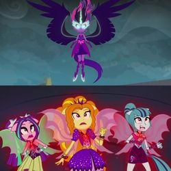 Size: 2560x2560 | Tagged: safe, artist:gerardo488, screencap, adagio dazzle, aria blaze, sci-twi, sonata dusk, twilight sparkle, equestria girls, g4, my little pony equestria girls: friendship games, my little pony equestria girls: rainbow rocks, bare shoulders, fin wings, high res, midnight sparkle, ponied up, sleeveless, strapless, the dazzlings, this will end in death