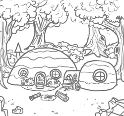 Size: 640x600 | Tagged: safe, artist:ficficponyfic, colt quest, bush, camp, cart, door, forest, house, monochrome, no pony, pony in description, story included, tree, wagon, window, wood