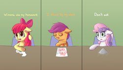 Size: 1889x1080 | Tagged: safe, artist:vanillaghosties, apple bloom, scootaloo, sweetie belle, earth pony, pegasus, pony, unicorn, g4, chair, comic, cutie mark crusaders, dialogue, excuse, female, filly, floppy ears, homework, paper, sweetie fail