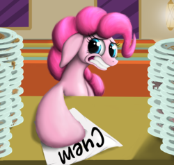 Size: 3360x3200 | Tagged: safe, artist:vladimir-olegovych, pinkie pie, earth pony, pony, g4, the saddle row review, bill, diner, female, floppy ears, grimace, high res, plate, russian, scene interpretation, solo
