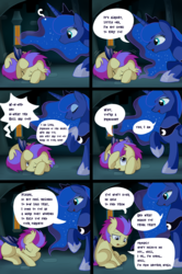 Size: 2280x3427 | Tagged: safe, artist:pridark, part of a set, princess luna, oc, oc:ebony crescent, bat pony, pony, comic:new world, g4, bowing, canterlot, comic, commission, cowering, dialogue, duo, eyes closed, floppy ears, frown, high res, one eye closed, open mouth, part of a series, prone, question mark, raised hoof, sad, scared, shivering, sitting, smiling, speech bubble, underhoof, wink