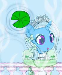 Size: 1187x1436 | Tagged: safe, artist:avchonline, trixie, pony, unicorn, g4, bow, canterlot royal ballet academy, clothes, cropped, cute, diatrixes, dress, female, hair bow, jewelry, lilypad, mare, open mouth, puffy sleeves, reflection, solo, tiara