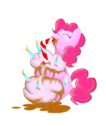 Size: 1443x1700 | Tagged: safe, artist:fign01, pinkie pie, earth pony, pony, g4, birthday present, candle, chocolate, chocolate milk, chocolate rain, cloud, cotton candy, cotton candy cloud, female, food, milk, rain, solo