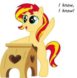 Size: 5019x5069 | Tagged: safe, artist:sugar-loop, sunset shimmer, pony, unicorn, g4, absurd resolution, back to school, bipedal, cute, daaaaaaaaaaaw, desk, dialogue, exclamation point, female, filly, filly sunset shimmer, hnnng, newbie artist training grounds, open mouth, raised hoof, she knows, shimmerbetes, smiling, solo, speech bubble, younger