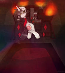 Size: 1150x1300 | Tagged: safe, artist:artseewolfee, oc, oc only, oc:balor, demon, demon pony, throne, throne slouch