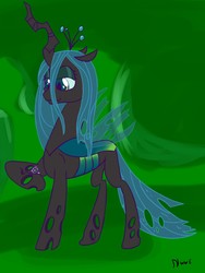 Size: 964x1280 | Tagged: safe, artist:nwwe, queen chrysalis, changeling, changeling larva, changeling queen, nymph, g4, the times they are a changeling, crown, cute, cutealis, cuteling, duo, female, holding, jewelry, looking down, mommy chrissy, regalia, signature, smiling