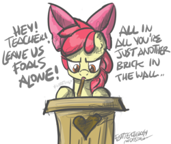 Size: 2652x2235 | Tagged: safe, artist:flutterthrash, apple bloom, g4, another brick in the wall, dialogue, female, high res, newbie artist training grounds, pink floyd, solo, song reference, the wall