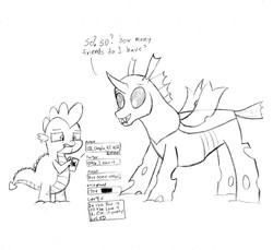 Size: 1280x1174 | Tagged: safe, artist:overthelakepancake, spike, thorax, changeling, g4, the times they are a changeling, meta, monochrome, phone, twitter