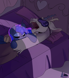 Size: 1984x2245 | Tagged: safe, artist:elementalokami, discord, princess luna, g4, male, ship:lunacord, shipping, sleeping, snoring, straight