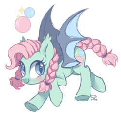 Size: 2337x2226 | Tagged: safe, artist:hawthornss, oc, oc only, oc:double bubble, bat pony, pony, blushing, braid, cute little fangs, ear fluff, fangs, flying, high res, looking at you, simple background, transparent background, underhoof