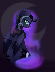 Size: 1311x1720 | Tagged: safe, artist:magnaluna, nightmare moon, alicorn, pony, g4, armor, female, looking back, solo