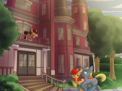 Size: 3000x2232 | Tagged: safe, artist:bbsartboutique, oc, oc only, oc:amber fawn, oc:ginger spice, oc:sterling silver, earth pony, pony, unicorn, balcony, building, exterior, high res, illustration, nsfw site, outdoors, scenery, tree, victorian