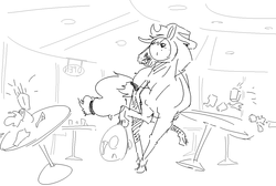 Size: 1188x797 | Tagged: safe, artist:nobody, applejack, g4, cafe, destruction, drink, female, flared nostrils, grayscale, grimace, hoers, horses doing horse things, monochrome, raised hoof, raised leg, sketch, solo, spill, table