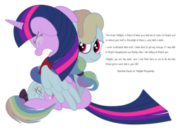 Size: 2592x1936 | Tagged: safe, artist:squipycheetah, rainbow dash, twilight sparkle, alicorn, pony, the count of monte rainbow, g4, alternate color palette, alternate eye color, alternate hairstyle, alternate universe, bow, clothes, comforting, comforting twilight, crossover, crying, cute, dialogue, duo, edmond dantes, floppy ears, folded wings, forgiveness, friendship, friendshipping, gritted teeth, hug, looking back, mondego, monsparkle, quote, rainbow dantes, reassurance, simple background, sitting, smiling, tail bow, teeth, text, the count of monte cristo, transparent background, twilight sparkle (alicorn), vest, winghug