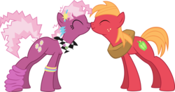 Size: 6836x3572 | Tagged: safe, artist:ispincharles, big macintosh, cheerilee, earth pony, pony, g4, 80s, 80s cheerilee, boop, bracelet, jewelry, leg warmers, male, nose wrinkle, noseboop, nuzzling, ship:cheerimac, shipping, simple background, smiling, stallion, straight, transparent background, vector, younger