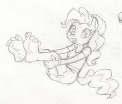 Size: 540x460 | Tagged: safe, artist:dertikleen, pinkie pie, earth pony, anthro, plantigrade anthro, g4, barefoot, body writing, clothes, cute, drawing on toes, feet, female, foot fetish, foot focus, grayscale, monochrome, simple background, sitting, skirt, solo, toes, traditional art, white background