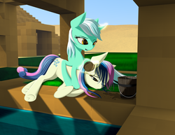 Size: 1920x1484 | Tagged: safe, artist:styroponyworks, bon bon, lyra heartstrings, sweetie drops, earth pony, pony, g4, brush, brushing, desert, female, grooming, lesbian, magic, mare, minecraft, ship:lyrabon, shipping, underhoof, water