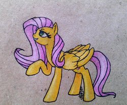 Size: 800x658 | Tagged: safe, artist:mati0la, fluttershy, g4, female, lidded eyes, raised hoof, solo, traditional art