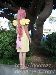 Size: 900x1200 | Tagged: safe, artist:goomzz, fluttershy, human, g4, back, barefoot, clothes, cosplay, costume, feet, irl, irl human, photo, solo