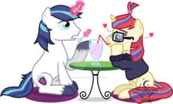 Size: 1024x614 | Tagged: safe, artist:saturnstar14, moondancer, shining armor, pony, unicorn, g4, bendy straw, crush, dreamy, drinking straw, eating, food, glowing horn, heart, horn, ice cream, magic, milkshake, moonshining, one sided shipping, shiningdancer, simple background, starboarding, telekinesis, transparent background, unrequited