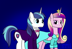 Size: 1096x750 | Tagged: safe, artist:phallen1, princess cadance, shining armor, g4, clothes, date, dress, male, ship:shiningcadance, shipping, straight, suit