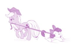 Size: 1100x721 | Tagged: safe, artist:dstears, apple bloom, applejack, g4, dragging, duo, lasso, rope