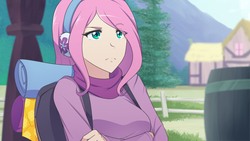 Size: 1280x720 | Tagged: safe, artist:jonfawkes, fluttershy, human, dungeons and discords, g4, backpack, bags, clothes, female, humanized, ponyville, raised eyebrow, scene interpretation, solo, sweater, sweatershy, tumblr, unamused, winter outfit