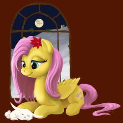 Size: 2277x2286 | Tagged: safe, artist:bluenudibranch, angel bunny, fluttershy, g4, christmas, cute, duo, holiday, moon, night, pet, shyabetes, sleeping
