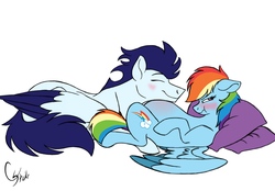 Size: 9600x6700 | Tagged: safe, artist:colourstrike, rainbow dash, soarin', pegasus, pony, g4, absurd resolution, belly pillow, colored wings, colored wingtips, male, pillow, preggo dash, pregnant, scrunchy face, ship:soarindash, shipping, snuggling, story in the source, straight, tsunderainbow, tsundere