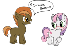 Size: 1500x1000 | Tagged: safe, artist:cruelunicorn, button mash, sweetie belle, g4, blushing, colt, cutie mark, female, filly, foal, grin, male, ship:sweetiemash, shipping, smiling, speech bubble, straight, the cmc's cutie marks, unshorn fetlocks