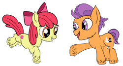 Size: 1465x785 | Tagged: safe, artist:cruelunicorn, apple bloom, tender taps, earth pony, g4, bow, colt, cutie mark, duo, duo male and female, female, filly, foal, grin, male, open mouth, outstretched hoof, shipping, smiling, standing, standing on one leg, straight, tenderbloom, the cmc's cutie marks, unshorn fetlocks