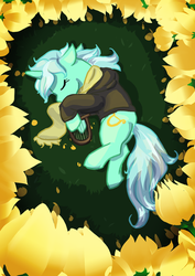 Size: 600x849 | Tagged: safe, artist:xmirza, lyra heartstrings, pony, unicorn, fanfic:background pony, g4, clothes, dig the swell hoodie, eyes closed, fanfic, fanfic art, female, flower, grass, hoodie, lyre, musical instrument, ponies wearing black, scarf, solo, tulip