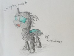 Size: 2674x2016 | Tagged: safe, artist:professionalpuppy, thorax, changeling, g4, the times they are a changeling, cute, cute bug noises, descriptive noise, high res, male, meme, smiling, solo, traditional art
