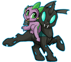 Size: 1024x896 | Tagged: safe, artist:amphleur-de-lys, spike, thorax, changeling, g4, the times they are a changeling, cute, dragons riding changelings, duo, raised hoof, riding, simple background, smiling, spike riding thorax, transparent background