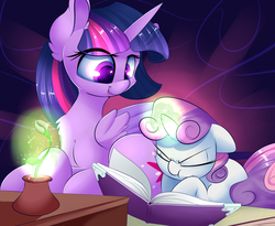 Size: 3900x3200 | Tagged: safe, artist:madacon, sweetie belle, twilight sparkle, alicorn, pony, unicorn, g4, book, chest fluff, cute, diasweetes, duo, flower, high res, learning, magic, magic training, newbie artist training grounds, open mouth, prone, sweetie belle's magic brings a great big smile, twilight sparkle (alicorn)