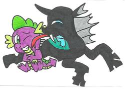 Size: 778x551 | Tagged: safe, artist:cmara, spike, thorax, changeling, dragon, g4, the times they are a changeling, baby, baby dragon, cute, fangs, licking, lying down, male, prone, ship:thoraxspike, simple background, sitting, smiling, spikabetes, spikelove, sploot, thorabetes, tongue out, traditional art, white background