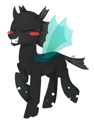 Size: 811x1049 | Tagged: dead source, safe, artist:ultrard, thorax, changeling, g4, the times they are a changeling, blush sticker, blushing, cute, eyes closed, grin, male, raised hoof, smiling, solo, thorabetes