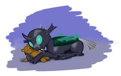 Size: 2911x1819 | Tagged: safe, artist:lemon-bitter-twist, thorax, changeling, g4, the times they are a changeling, cuddling, lying down, male, smiling, snuggling, solo, teddy bear, toy