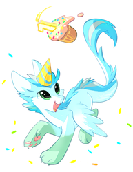 Size: 700x907 | Tagged: safe, artist:tomatocoup, oc, oc only, oc:patch, dracony, dragon, feathered dragon, hybrid, pony, birthday, cupcake, food, simple background, white background