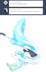 Size: 700x1081 | Tagged: safe, artist:tomatocoup, oc, oc only, oc:patch, dracony, dragon, feathered dragon, hybrid, pony, cute, ear fluff, eyes closed, floppy ears, fluffy, long tail, simple background, smiling, solo, spread wings, vacuum cleaner, white background, wing fluff, wings