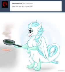 Size: 700x781 | Tagged: safe, artist:jaylacinechiboa, oc, oc only, oc:patch, dracony, dragon, feathered dragon, hybrid, pony, cooking, female, frying pan, licking, licking lips, simple background, solo, tongue out, white background